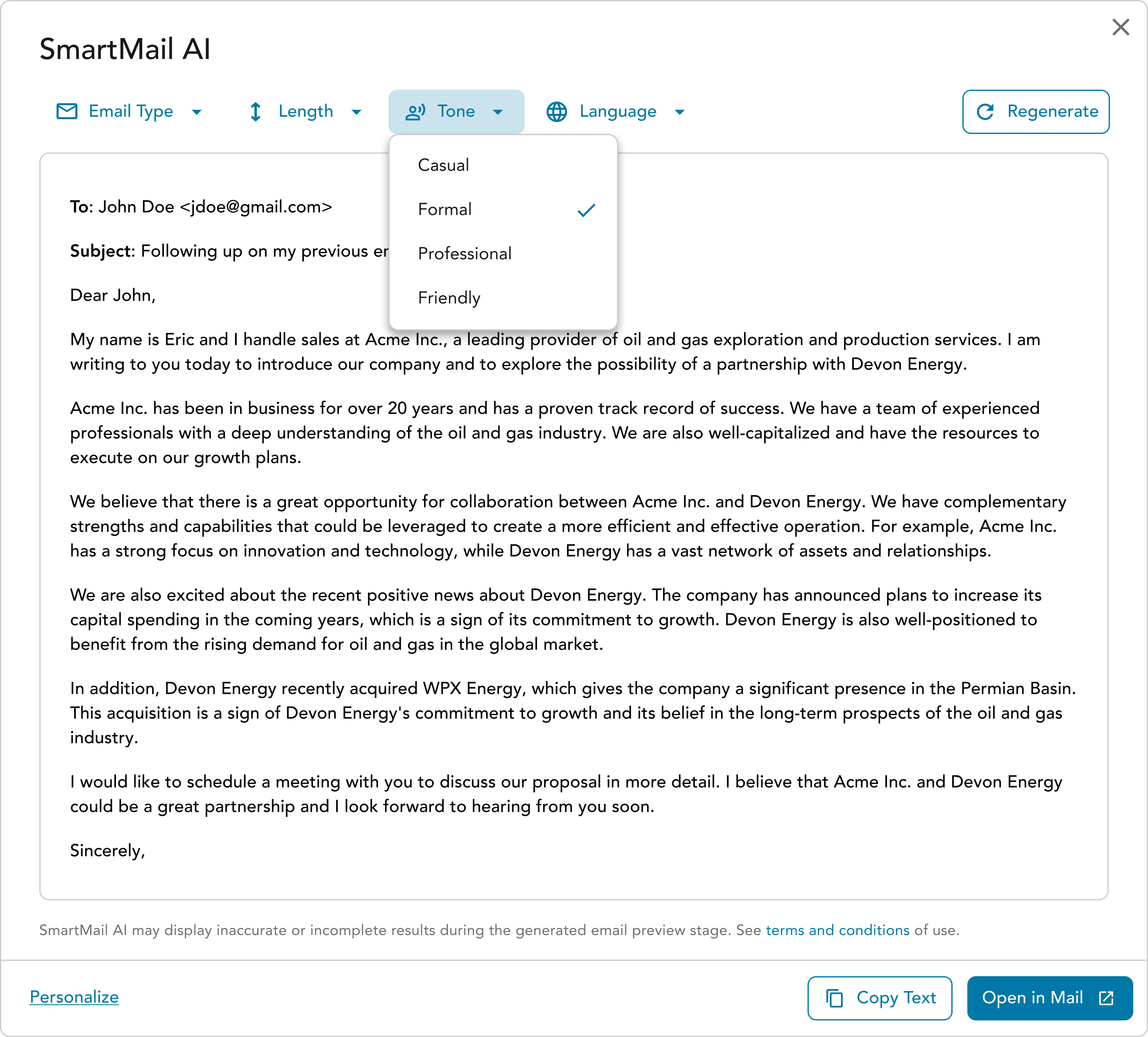 Email tone selection